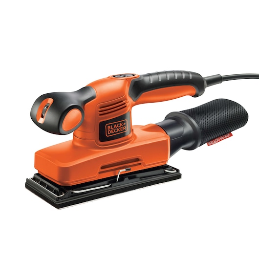 A BLACK+DECKER KA320EKA electric sander with an orange and black design, featuring a rectangular sanding pad and ergonomic handle. The sander is shown against a white background.