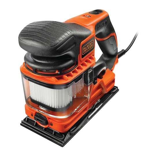 A BLACK+DECKER electric sander with a rectangular sanding base, dust collection container, and orange and black design.