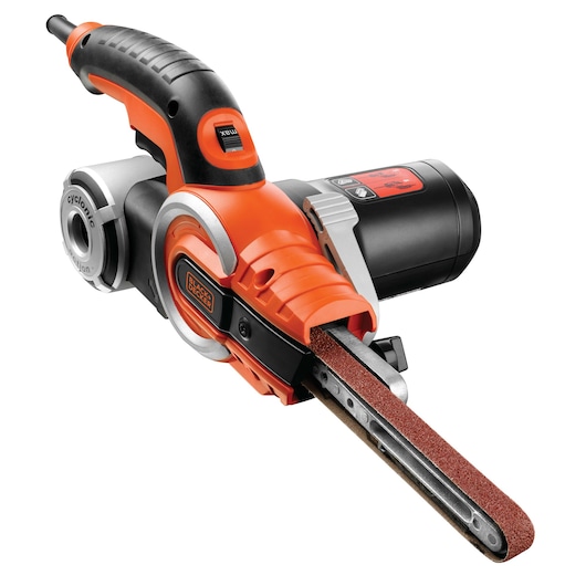 A BLACK+DECKER KA902EK electric file sander with an orange and black design, featuring a slim sanding belt and cyclonic dust collection system.