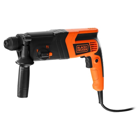 A BLACK+DECKER corded hammer drill with an orange and black design, featuring a side handle and a power cord.