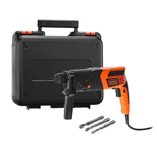 A BLACK+DECKER rotary hammer drill set including a black and orange power drill, three drill bits, and a black carrying case.