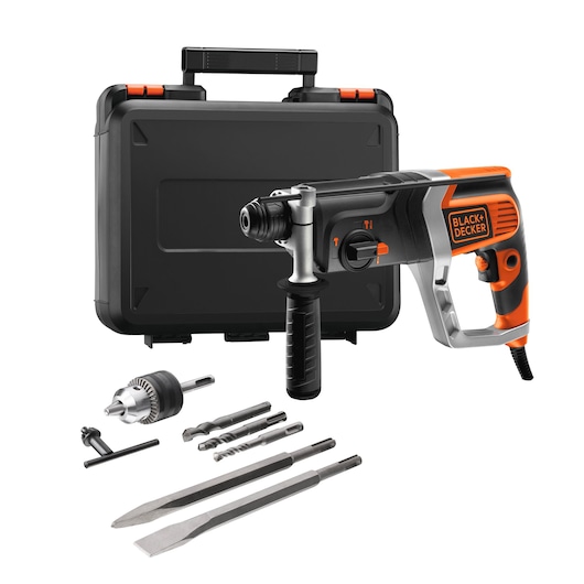 A BLACK+DECKER rotary hammer drill set including a black and orange rotary hammer drill, a sturdy black carrying case, several drill bits, a chuck, and a handle bar, all arranged on a white background.