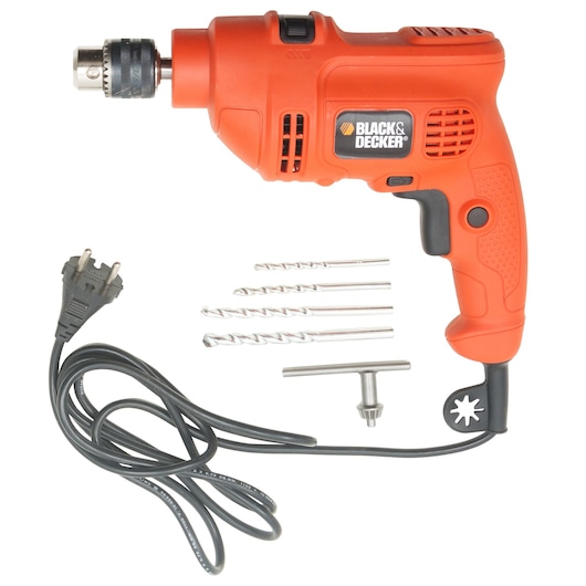 An orange BLACK+DECKER electric drill with a black power cord, four drill bits, and a chuck key arranged next to it.