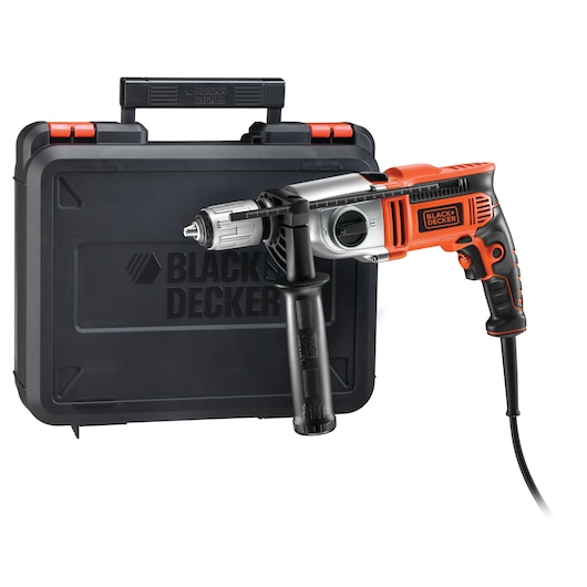 BLACK+DECKER corded electric drill with an orange and black handle, shown with a black carrying case branded with BLACK+DECKER.