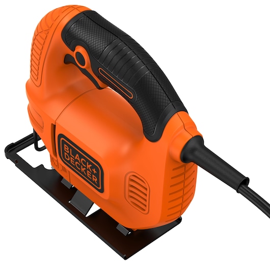 Close-up image of a BLACK+DECKER KS501 electric jigsaw, featuring an orange and black ergonomic handle and a visible power cord.