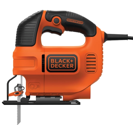 Electric jigsaw tool from BLACK+DECKER, model KS701E, in orange and black, featuring a side handle and a visible blade, designed for precise wood and material cutting.