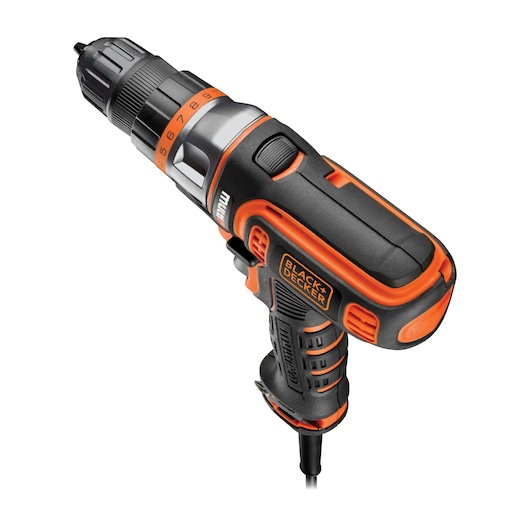 A BLACK+DECKER electric drill with a black and orange design, featuring a corded handle and adjustable settings for various tasks.