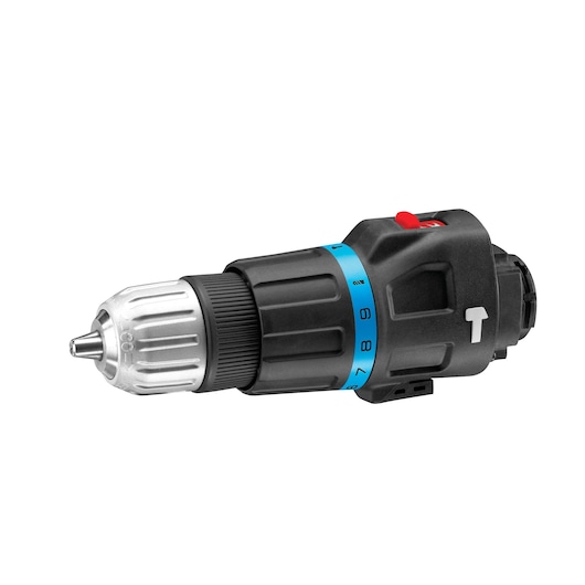 A close-up view of a BLACK+DECKER MTHD5 drill attachment with a silver chuck, black body, and a blue numbered adjustment ring.