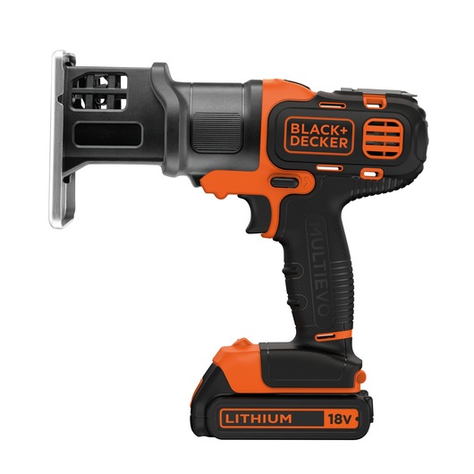 Cordless BLACK+DECKER 18V lithium-powered jigsaw attachment, designed for use with the MULTIEVO system. The tool features a black and orange color scheme and ergonomic grip.
