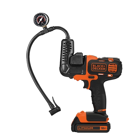 A BLACK+DECKER branded portable lithium 18V air compressor tool with a pressure gauge and hose attachment, shown against a white background.