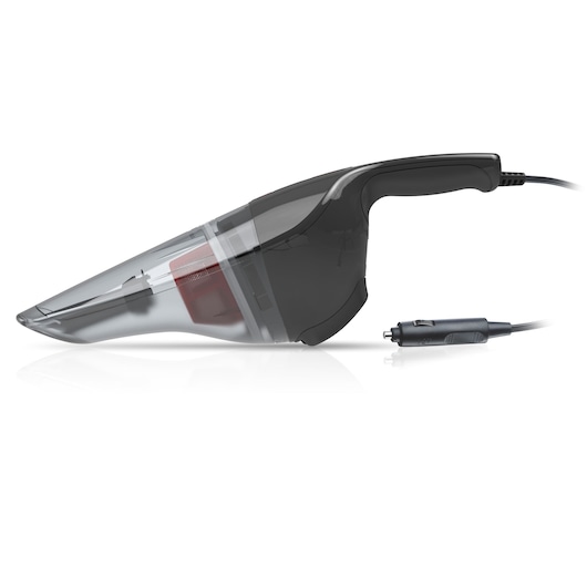 BLACKDECKER NV1210AV handheld vacuum, black and transparent, side angle, with car adapter.