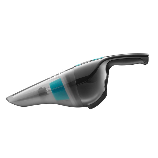 Side view of a BLACK+DECKER handheld vacuum cleaner, model NV7210N, with a black and transparent design and visible filter.
