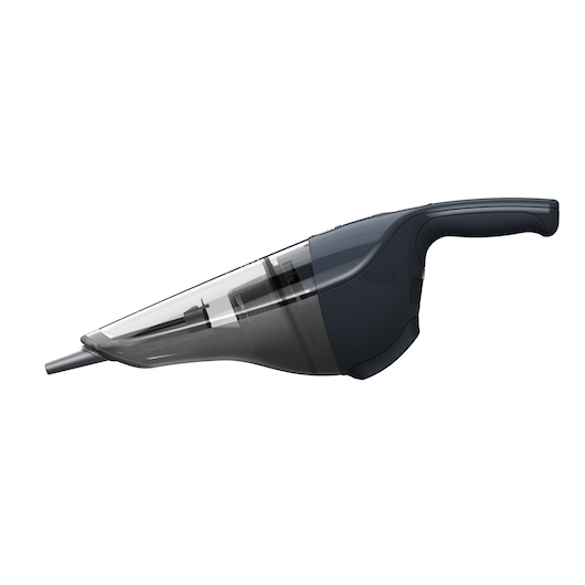 A handheld cordless vacuum cleaner with a sleek, black and transparent design.