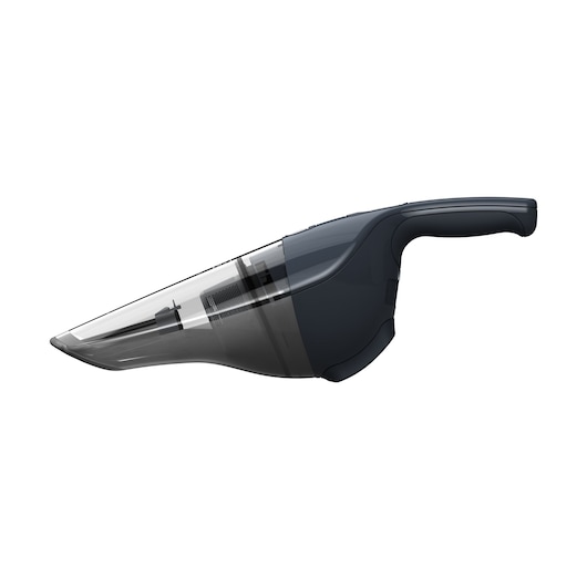 A handheld cordless vacuum cleaner with a transparent dust chamber and ergonomic handle, shown on a white background.