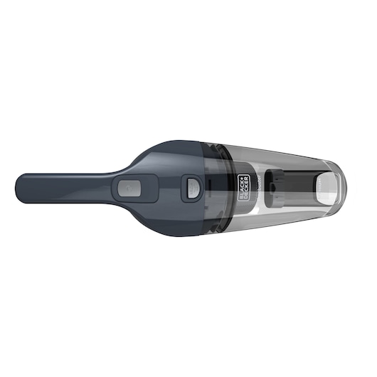 Top view of a BLACK+DECKER handheld vacuum cleaner, featuring a dark gray body and a transparent dust container.