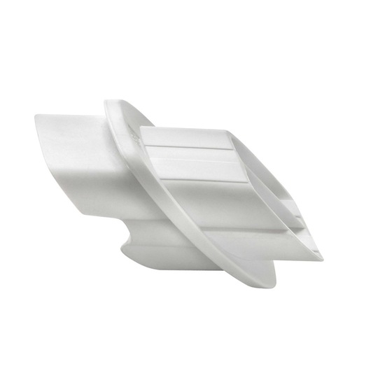 A white plastic attachment piece with a curved and angled design, photographed against a plain white background.