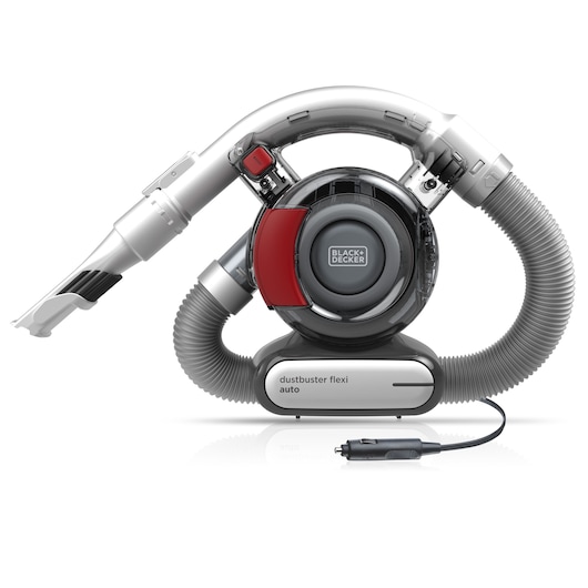 A BLACK+DECKER Dustbuster Flexi Auto portable vacuum cleaner with a flexible grey hose, red and black accents, and a 12V car adapter plug. The device is designed for cleaning vehicles.