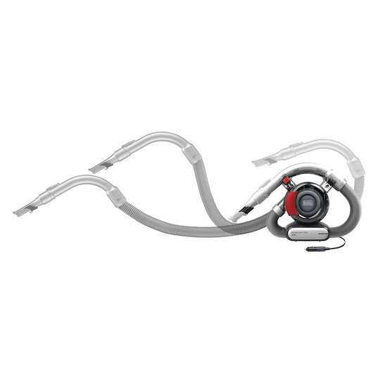 Black+Decker portable vacuum cleaner with extended flexible hose attachments and car adapter, shown against a white background.