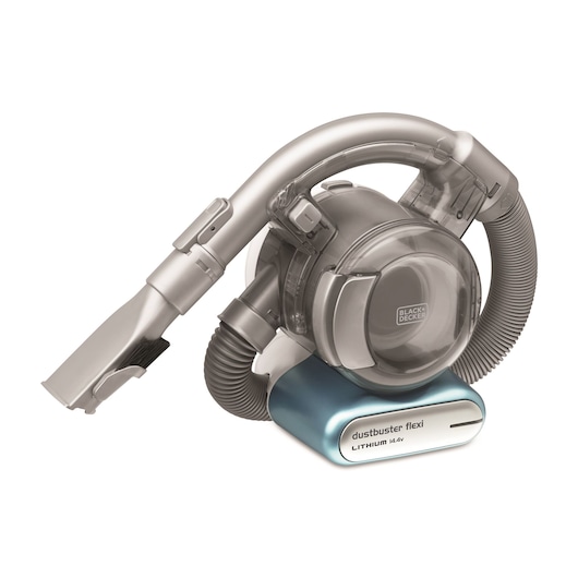 BLACK+DECKER PD1420LP handheld vacuum, dustbuster flexi model, grey with blue base, front angle on white.