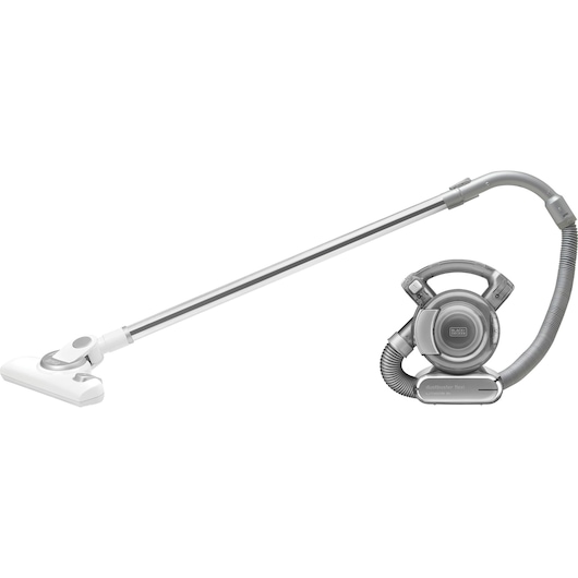 A BLACK+DECKER portable vacuum cleaner with a long extension tube and hose attachment, shown against a white background.