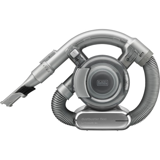 BLACK+DECKER Dustbuster Flexi handheld vacuum cleaner with flexible hose and brush attachment, shown in a silver and grey color.
