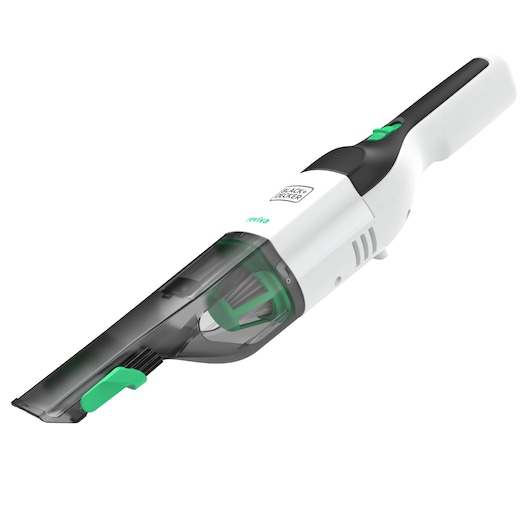 BLACK+DECKER REVHV8C handheld vacuum, white and black with green accents, angled on white background.