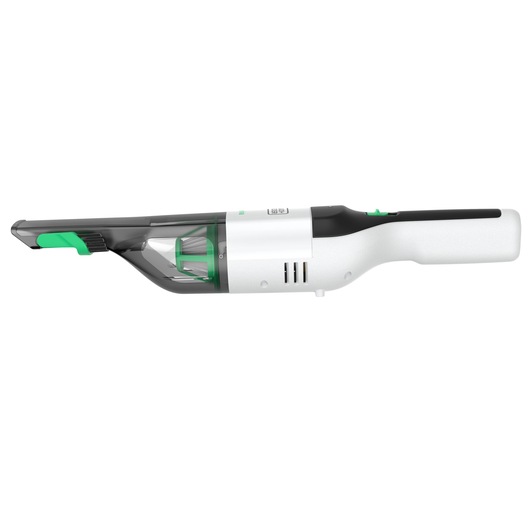 BLACKDECKER REVHV8C handheld vacuum cleaner, side view, white and black with green accents, photography