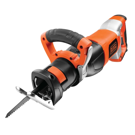 A BLACK+DECKER reciprocating saw with an orange and black body, featuring a curved ergonomic handle and a metal blade attachment at the front.