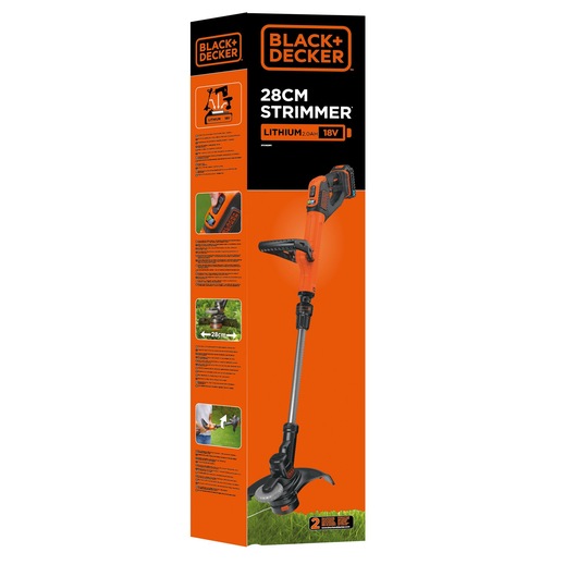 Photo of BLACK+DECKER 28cm strimmer STC1820PC packaging, showing orange and black cordless grass trimmer box front.