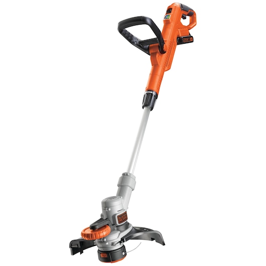 Cordless orange and grey grass trimmer with a long handle and adjustable black grip, displayed against a white background.