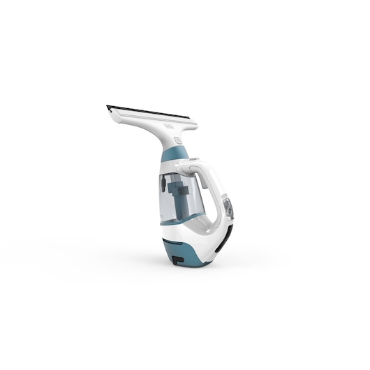 A BLACK+DECKER WW100 handheld window vacuum cleaner, featuring a white and blue design with a transparent dust container.