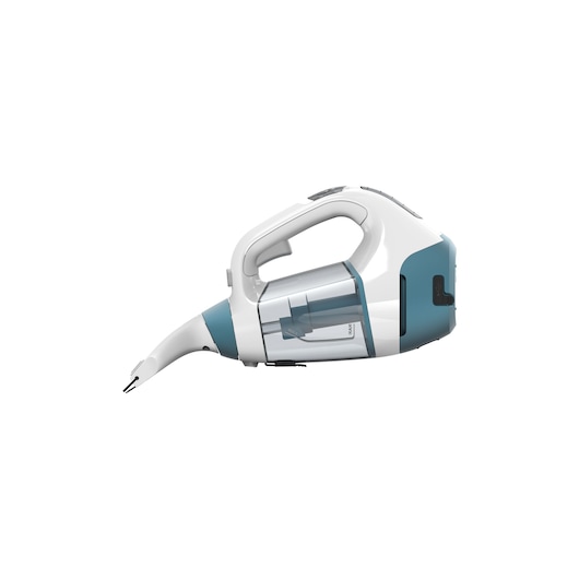 A handheld, cordless cleaning device in white and blue colors, featuring a transparent water tank and nozzle attachment, shown isolated on a white background.